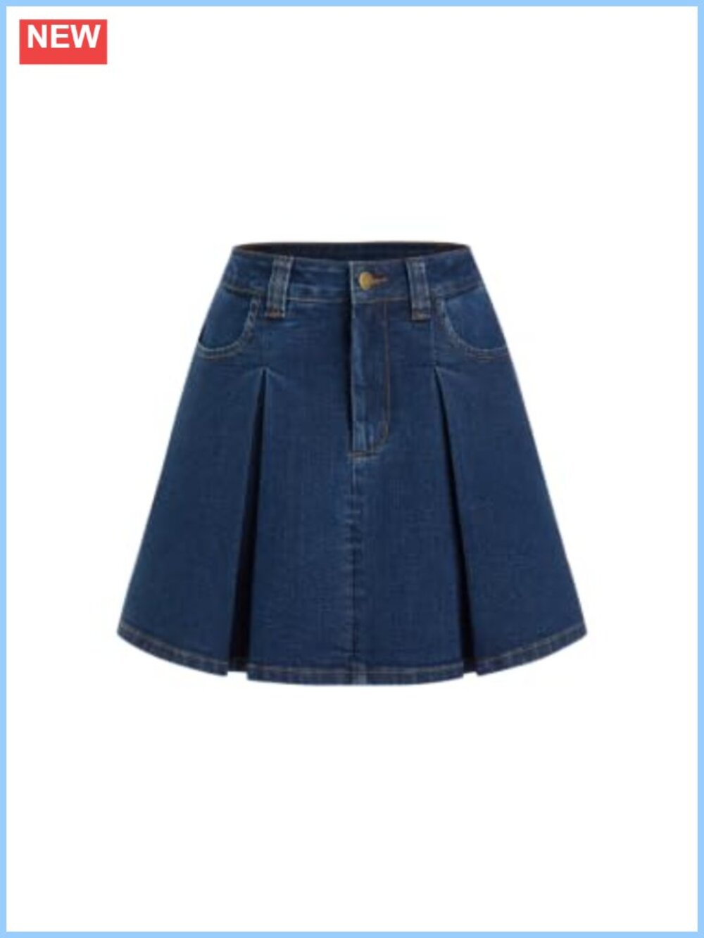 Pleated Mini Denim Skirt Mid Rise A-Line Stretch Cotton Blend